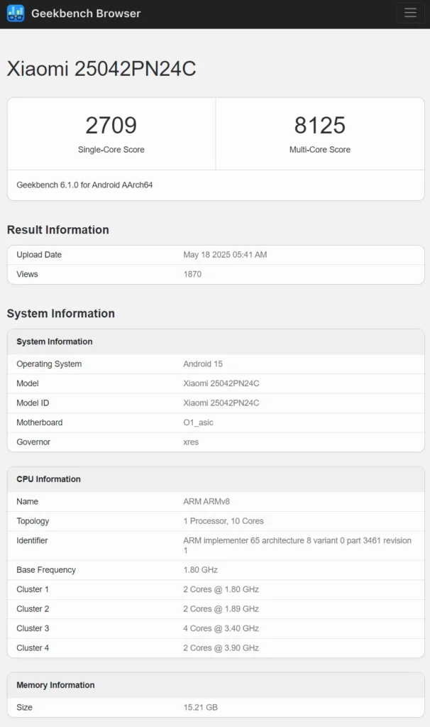 Xiaomi 15S Pro Geekbench Benchmark Score Information