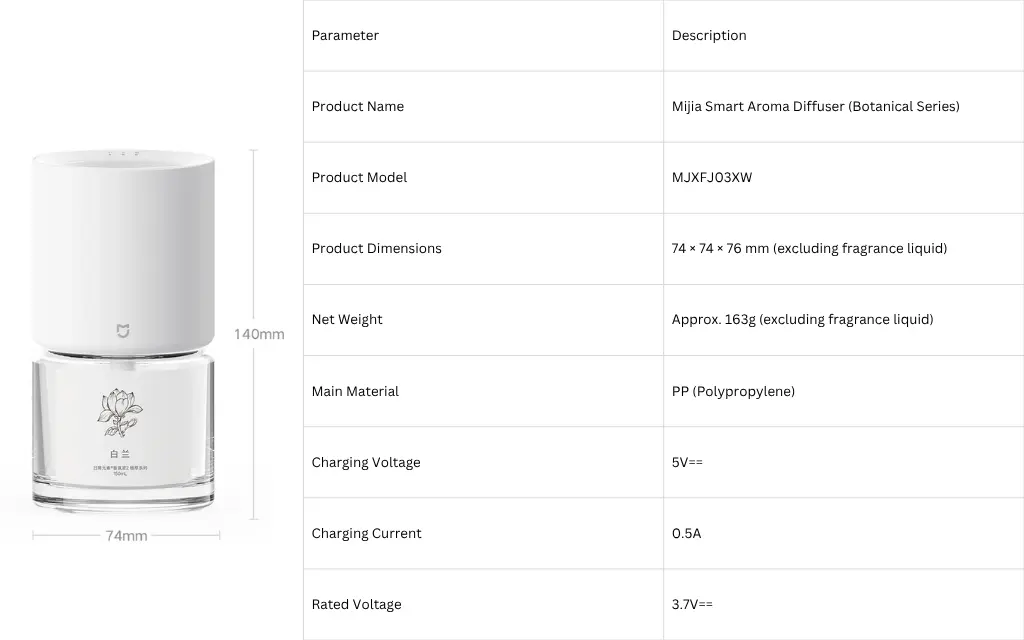 Xiaomi Mijia Smart Fragrance Machine Specification