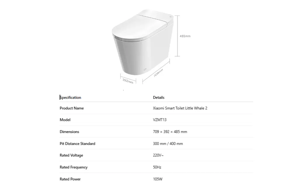 Xiaomi Yunmi Smart Toilet Specifications